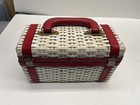 Retro Vintage Red And White Plastic Wicker Woven Sewing Tolitries Box Bag Basket