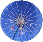 32  Inch Dia Blue Floral Wood Bamboo Nylon Parasol Umbrella Decoration