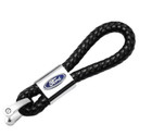Black Leather Braided Keychain Strap Metal Emblem Key Chain Key Ring For Ford