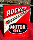 Vintage 2 Gal Metal Rocket Motor Oil Early Square Oil Gasoline Sign Neat Graphic