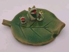 Rare Mini Frogs On Glazed Pottery Green Leaf Takayama Japan Signed Tea