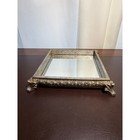 Vintage Ornate Mirrored Vanity Tray Champagne Gold Footed Perfume Jewelry Decor