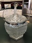 Vintage Anchor Hocking Wexford Ice Bucket  W lid   Handle Cut Glass Chrome Nice 