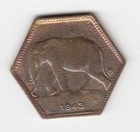 1943 Belgian Congo 2 Francs  Hexagon  Km  25 Brass Elephant   Xf   Rare