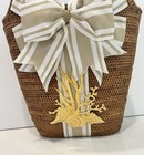 Rare Vintage Bosom Buddy Bucket Bag Handwoven Straw Beige White Striped Ribbon 