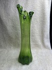 Vintage Green Art Glass Vase Swung Ruffled Fat Bottom 12  Tall 1970s