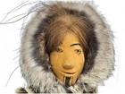 Vintage Inuit Eskimo Hipster Male Doll Carved Wood Face Chin Tattoo Fur Parka