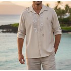 Vintage Beau Tiki Iolani Hawaii Mens Barong Tagalog Style Lace Embroidered Shirt