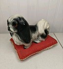 Vtg Japanese Chin Pekingese Bisque Dog Big Eyes Red Pillow Black White Figurine