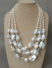 3 Rows Natural White Freshwater Pearl Huge Keshi Baroque Pearl Necklace 17-19  