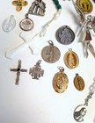 Lot Religious Christian Jewelry Brooches Pendants Charms Pins Angel Cross Rosary