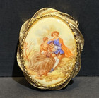 Vtg Fragonard Porcelain Brooch Pin Cameo Courting Couple Gold Tone Victorian Mcm