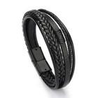 Men Jewelry Black Braided Leather Bracelet Multi-layer Stainless Steel Clasp Us