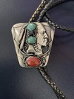 Vintage Navajo Sterling Silver Ornate  Bolo Tie W Turquoise   Coral