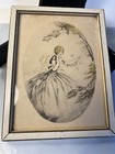 Antique Original Art Wood Block Print Hand Colored Southern Belle Signed Framed
