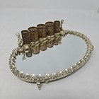 Vintage Gold Tone Metal Filigree Mirrored Vanity Tray Lipstick Brush Holder