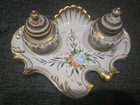 Antique Orlik Hand Painted Colorful Floral Porcelain Hinged Inkwell And Tray