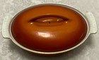 Enameled Cast Iron Oval Casserole   Lid 4176-20 Vintage Flame Orange Tab Handles