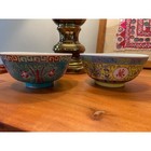 Vintage Mun Shou Longevity Rose Porcelain Rice Bowls Set Of 2 Turquoise Yellow