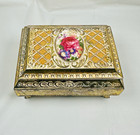 Vintage Japan Gold Tone Jewelry Trinket Box Floral Porcelain Cabochon Velvet