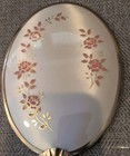 Gold Tone Painted Back Vintage Vanity Hand Mirror Brush Comb Ivory Pink Floral