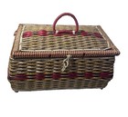 Vintage Wood Wicker Silk Lined Sewing Basket Storage Box Footed Pink Gold  Beige