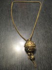 Vtg Retro Etruscan Revival Jeweled Orb Pill Box Pendant Gold Tone Long Necklace