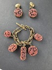 Vintage Selro Chunky Charm Bracelet   Earring Set Antique Tone Coral Pink Color