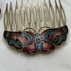Pair Of Vintage Cloisonne Butterfly Enamel Hair Combs Gold Tone