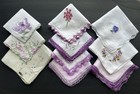A  Vintage Lot 10 White Purple Hankies Crochet Tatted Lace Embroid Linen Cotton