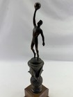 Vintage Trophy Bronze Statue Men   s Basketball Eagles Earth Wood Base Art Deco