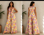 Vtg 60s Mildreds Of Hawaii Floral Neon Wide Leg Palazzo Jumpsuit Loungewear Med
