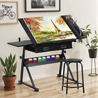 Drafting Table Art Desk Adjustable Height Drawing Table W  2 Drawers Stool Black