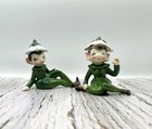 Vintage Green Pixie Figurine  Mid Century Pixies  Flower Hat Pixie Pair