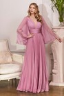 Mother Of Bride Solid Pleated Chiffon Dress W  V-neck Zipper Back   Long Sleeves