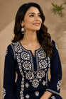 Women Blue Rayon Chikankari Kurta Palazzo Set Embroidered Ethnic Wear Blue Kurti