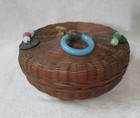 Vintage Small Round Chinese Wicker Sewing Basket W Beads   Coins 5 1 2  Diameter