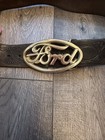 Vintage 1970s Solid Brass Oval Ford Belt Buckle On Leather Belt