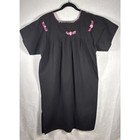 Vtg Handmade Mexican Embroidered Black Floral Sanforized Cotton Dress M