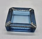 Vintage Art Deco Light Blue Art Glass Silver Overlay Leaf Hefty Square Ashtray