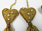Vintage Gold Beaded Tassel Christmas Ornaments Heart Glass Bugle Beads Set Of 4