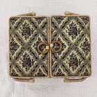 Vintage Folding Sewing Basket Beige Floral Tapestry Fabric With Items