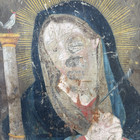 Antique Mexican Retablo On Tin Our Lady Of Sorrows   Rooster 14x10  With Damage