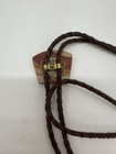 Men s Western Bolo Tie Brown Agate Stone Slide Leather Cord Brass Tips Adj