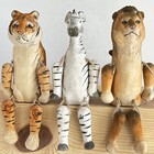 3 Hand Carved Wood Jointed Tiger Lion Giraffe Safaris Nursery Folk Art Primitive