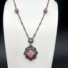 Antique Pink Czech Glass Filigree Pendant Chain Link Necklace 16 3 4 
