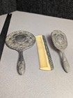 Vintage Silver Plated 3 Pc Vanity Set Hand Mirror Hair Brush Comb Ornate Floral