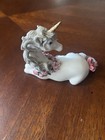Ceramic Unicorn Mythical Figurine Laying Pink Flowers Bow Beautiful White Decor