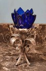 Vintage Mcm Blue Violet Flower Votive Candle Holder - Pewter   Blue Glass - Euc