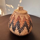Vintage Handwoven Lidded Basket Multicolor Wicker Storage Bowl Boho Decor